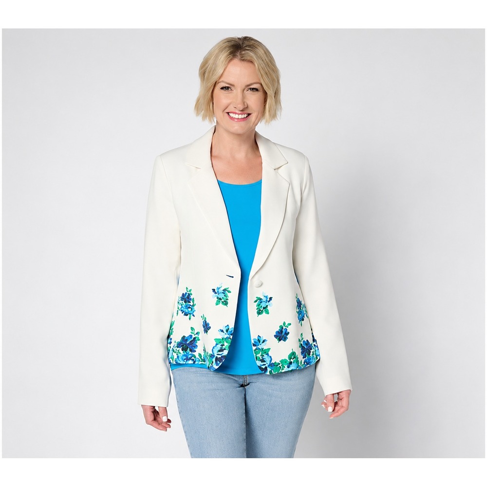 Isaac Mizrahi Live! Linen Blend Border Print Single Breasted Blazer White, 1X